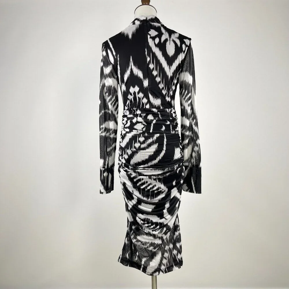 NWOT Farm Rio Pineapple Ikat Tulle Midi Dress Long Sleeves Size XS Black White
